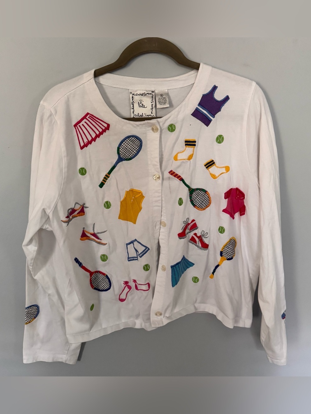 Michael Simon Lite Tennis Cardigan XL White Embroidered Novelty Cotton Jacket